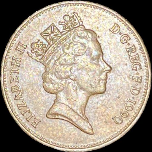 1990 United Kingdom of Great Britain and Northern Ireland 2 pence obverse coin image Houston Texas